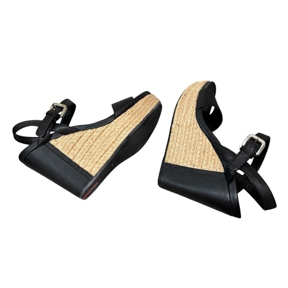 PRADA - SIZE 36EU / 6 US - BLACK LEATHER PLATFORM WEDGE ANKLE SANDALS - S6 - Picture 13 of 14